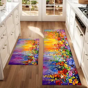 2Pcs Colorful abstract flowers in spring Floor mat set including farmhouse kitchen Rug dining room flooring laundry room decorative carpet mat