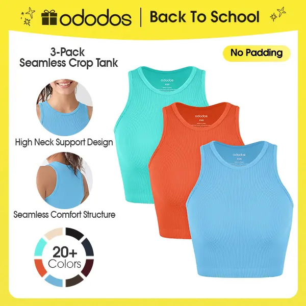 ODODOS 3-Pack Seamless Crop Tank (No Padding) for Women Ribbed Soft High Neck Cropped Tops,Cropped Length,Slim-fit Fabric Nylon Womenswear