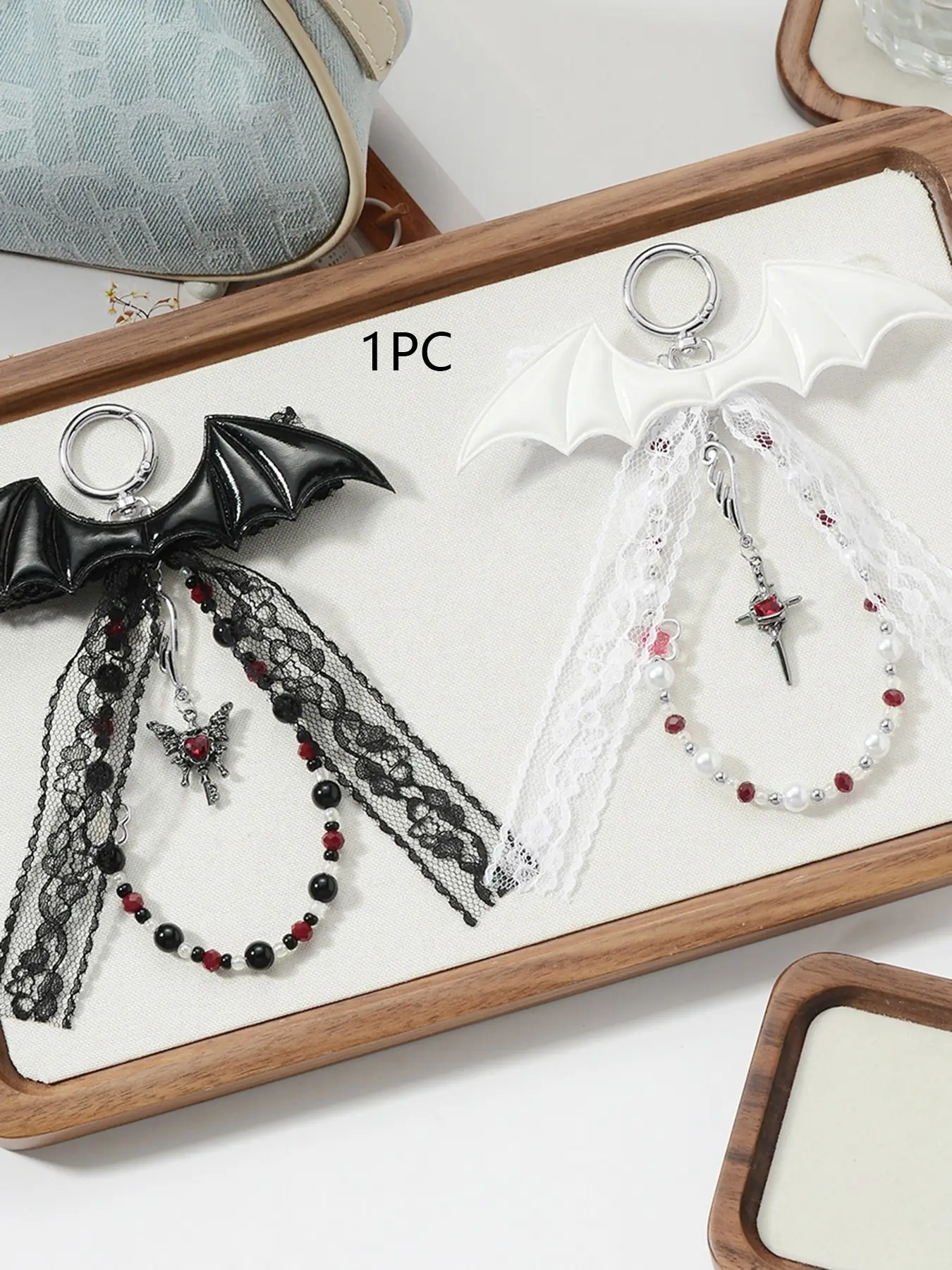 Niche design sense of fashion simple bat wings lace ribbon beaded cross key chain pendant, simple classic versatile black and white contrast suitable for daily bag matching, small gifts, Bag Charms, Aesthetic Keychain, Key Accessories