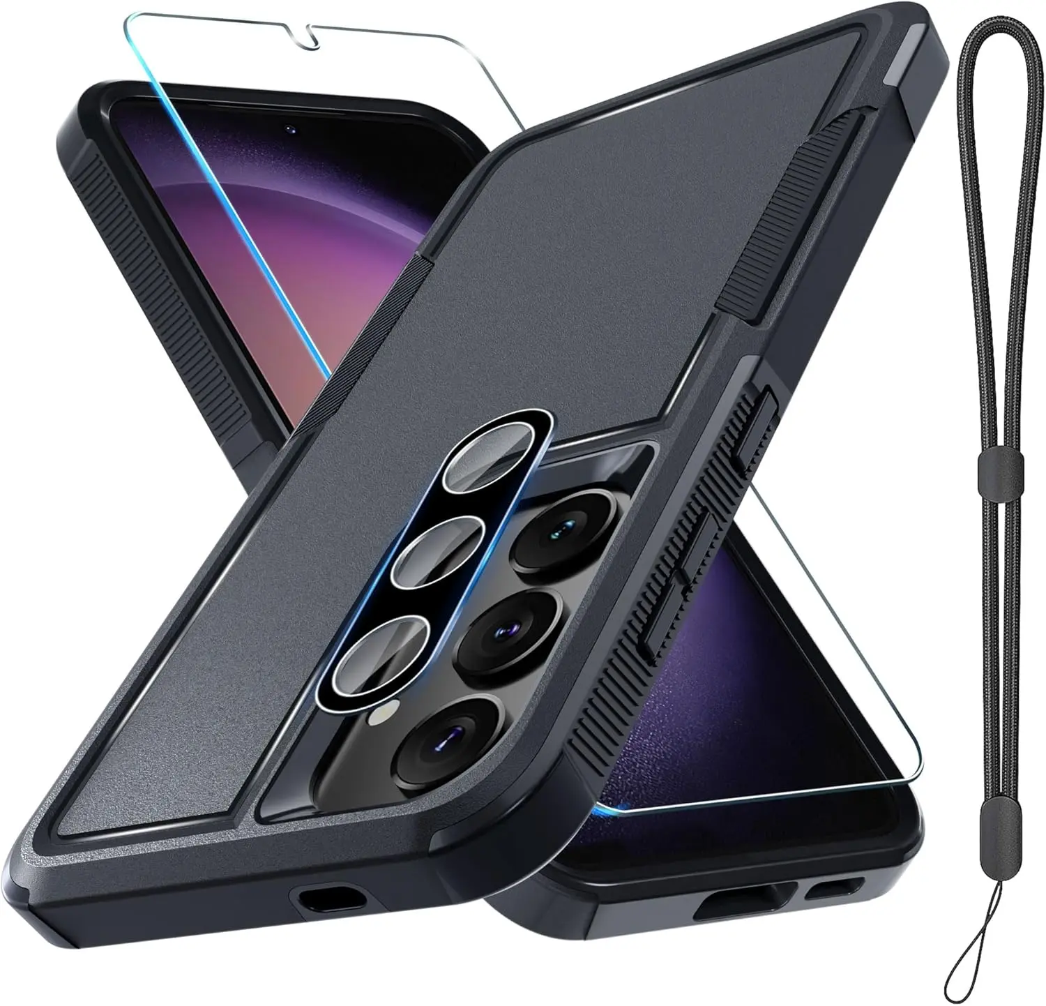 Samsung Galaxy S25 Smartphone Case - Sturdy Hard PC+TPU+Glass Dual Layer Rugged Shockproof Casing with Soft Bumper, Lanyard Strap, Tempered Glass Anti-Scratch Screen Protector, Camera Lens Protector, Military Grade Slim Fit Protection Accessory