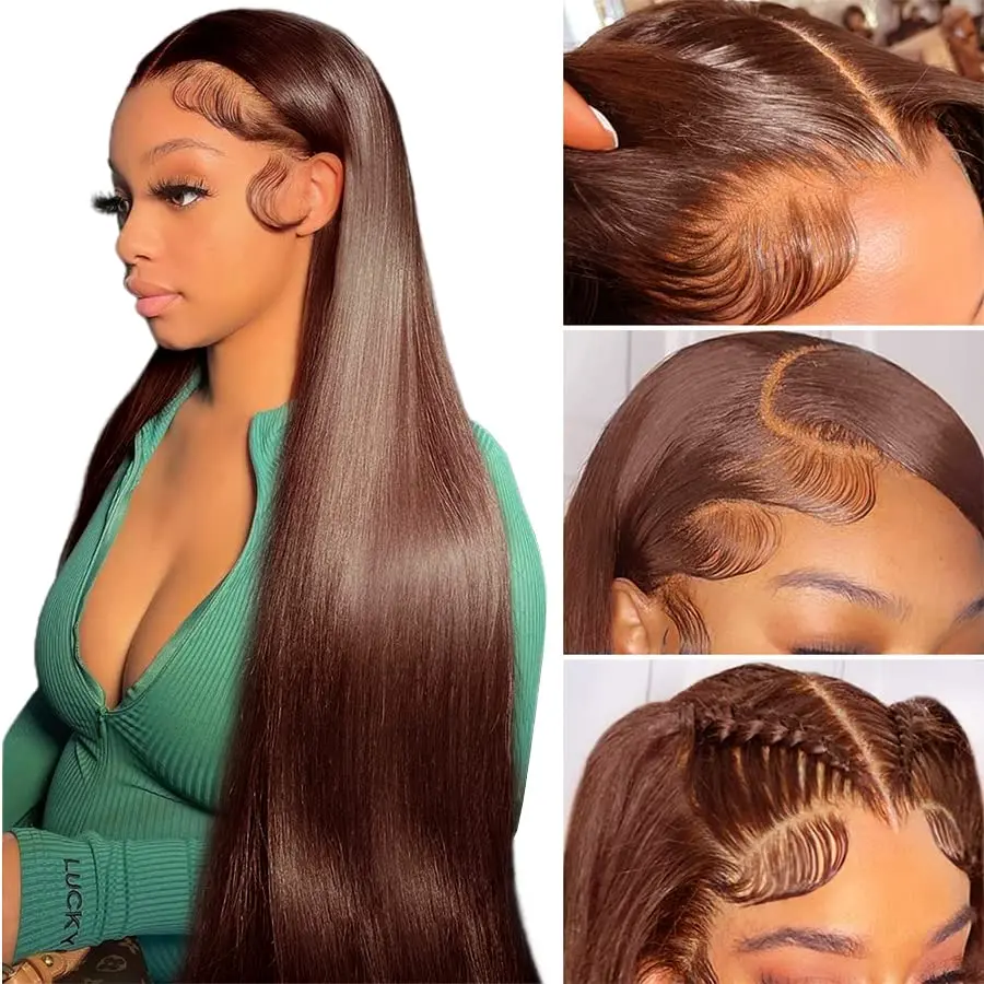 #4 Chocolate Ginger Brown 13X6 HD Lace Frontal Human Hair Wigs 180% Density Bone Straight 99J Straight Burgundy Red Colored 13X6 Lace Front Wig For Women Lace Front Wigs