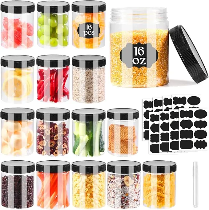 16-Pack 16oz Clear Plastic Jars with Lids – Airtight Containers for Dry Food, Peanut Butter, Honey, Jam, Cream, and Bathroom Storage – BPA-Free Transparent Storage Jars with Screw-On Lids for Kitchen, Pantry, and Organizing