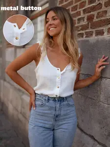 Women's Knit V-Neck Halter Top, Front Metal Button Closure, Ruffled Hem, French Casual Style, Fitted, All Seasons