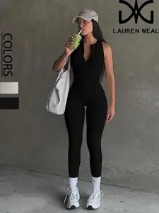 Women's Solid Cut Out Backless Tank Jumpsuit, Casual Fashion Round Neck Zipper Skinny Fit Jumpsuit for Daily Wear, Ladies Clothes for All Seasons