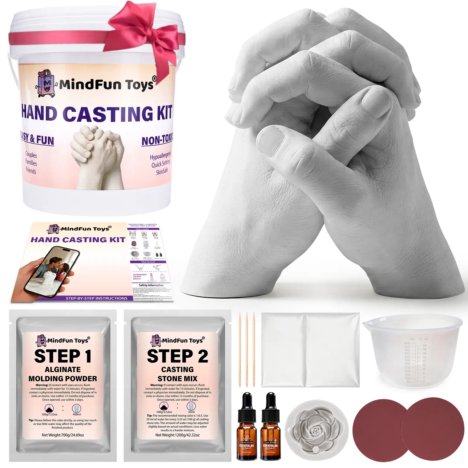 Hand Casting Kit - 700g Powder + Extra 200g Alabaster, Includes 2 Aroma Oils & Flower Mold,DIY 3D Hand Casting Set for Anniversary, Birthday, Proposal,No Hidden Costs, More Value
