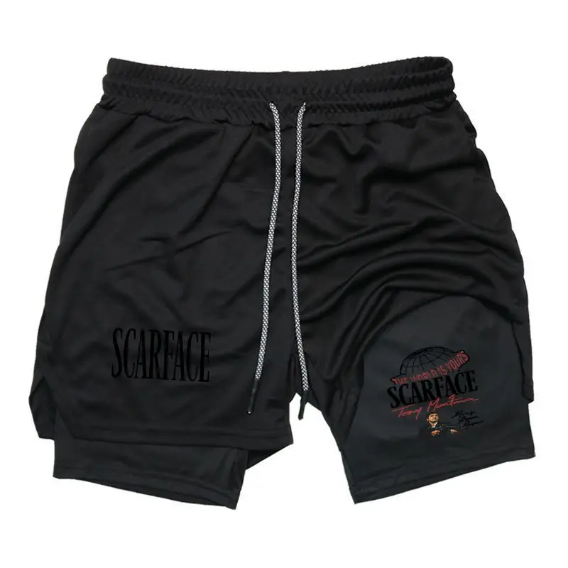 Scarface Men's Regular Fit Letter & Gun Print 2 in 1 Drawstring Waist Shorts, Casual Pocket Track Shorts for Summer, Graphic Print Shorts, Fashion Men's Bottoms for Daily Wear, Lightweight Printed Shorts outdoorfun