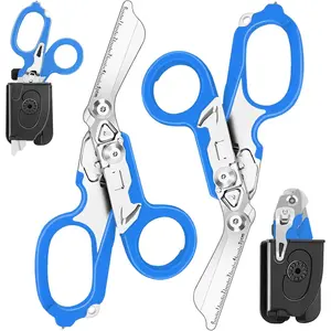 enporl 2 Pack Foldable Trauma Shears with Compatible Holster, Emergency Shears with Strap and Breaker for Camping Medical Scissors Blue