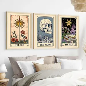Set of 3 Sun Moon And Star Tarot Wall Art Prints, Astrology Canvas Posters, Celestial Wall Decor, Mystical Tarot Card Art, Modern Art Design, Decorative Artwork, Ideal Gift For Home & Office, Unframed