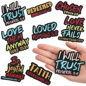 8/9 Pcs Bible Verse Embroidered Iron on Patches 3 Inch Motivational Religious Christian Sew on Applique Patches for Hat Backpack Jacket Clothes DIY Accessories Decorations Lettered Embroidery Geometric Girl Set Fall Outfits Backpacks School