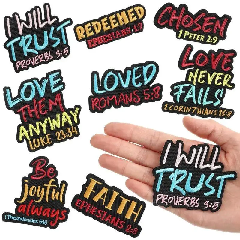 Christian Iron-On Patches, 8 Pcs Geometric Embroidered Appliques with Bible Verses, Washable with Precise Stitch for School, Sports & DIY Home Projects, Mix 8 Styles, Lasting Embroidery