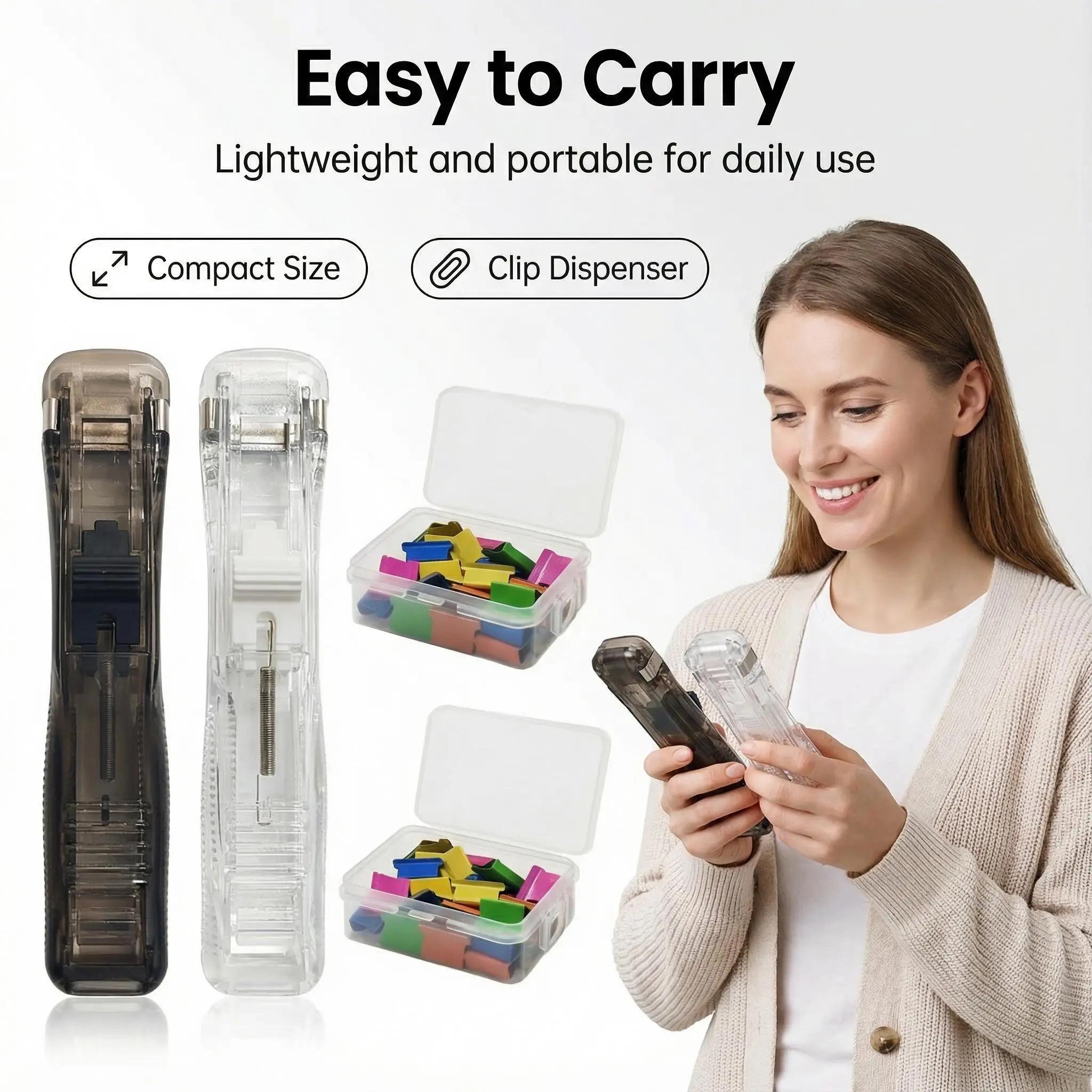 Portable Reusable 2-in-1 Compact Size Iron Binder Stapler & Clip Dispenser - 100 Colored Clips, Recyclable No-Hole Non-Destructive Organizer for Office Home Supplies, Organizes Materials, Protects Documents