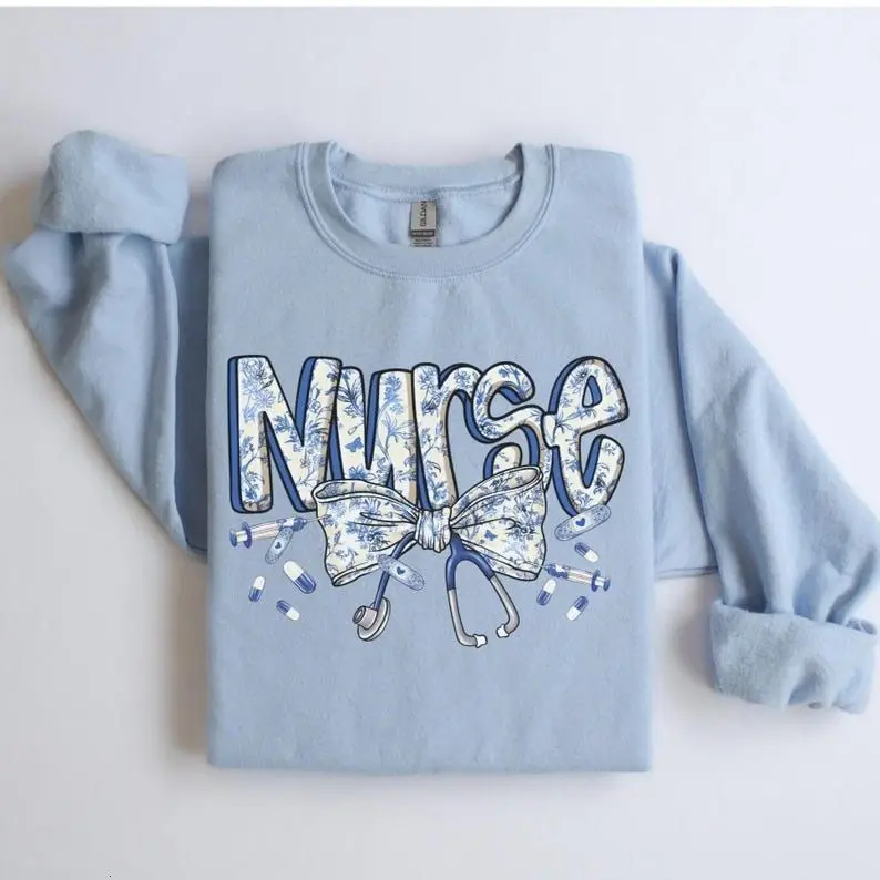 [Sale off up to 50%] Coquette Bow Nurse Sweatshirt, Cute Nurse, Retro Nurse Shirt, Gift, RN Shirt, Blue Chinoserie Crewneck, Toile De Jouy Nurse Tee, streetwear graphic tee