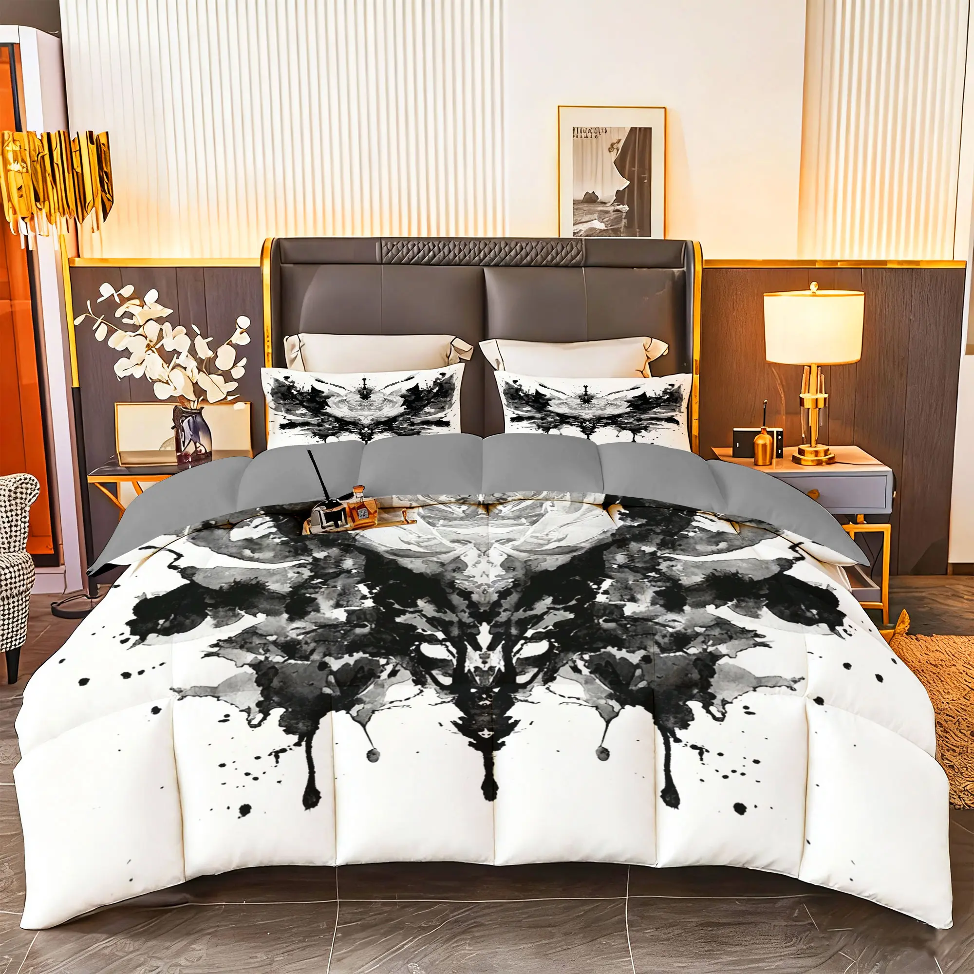 3pcs (1 comforter + 2 pillowcases) Microfiber Bedding Set All-Season Soft Cozy Hypoallergenic, Wrinkle & Fade Resistant Easy - Care, Queen/King/Full/Twin Size, Abstract Artistic Black - and - White Pattern, Premium Durable Fabric for Bedroom Guest Ro