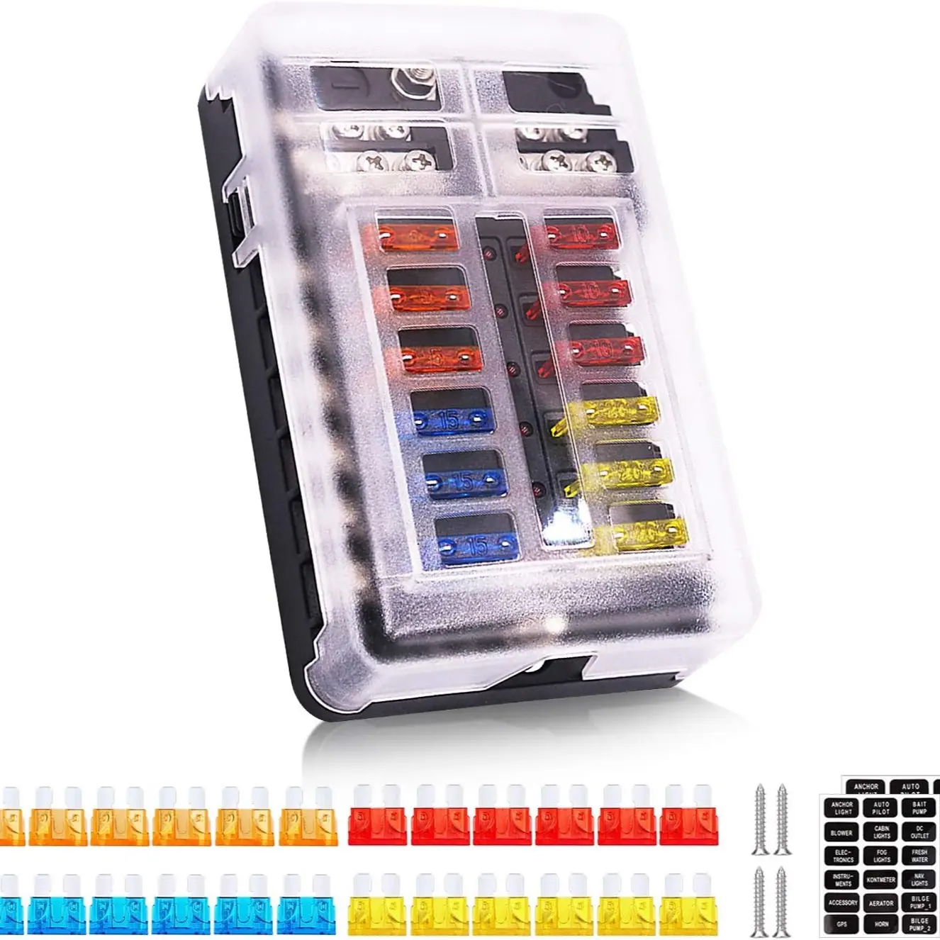 12 Way 12V Fuse Box 12Volt Blade Fuse Block, 12 Circuit W/Negative Bus Waterproof Fuse Box with LED Indicator for 12V/24V Automotive Golf Cart Truck Car Boat Marine RV Van Vehicle Car Accessories