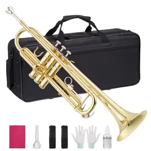 Professional Standard Trumpet for Beginners & Students - Gold Lacquer Brass with Hard Case, Mouthpiece, Cleaning Kit, Gloves & Polish Cloth Adjustable Thumb Hook