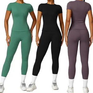 2pcs Sports Set, Short Sleeve Yoga Top & High Waist Running WorkoutLeggings, Women's Activewear