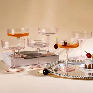 Pink Vintage Martini Glasses Set, Ribbed Coupe Glasses,Gold Rim, 10 oz - Espresso Martini Glasses, Hand Blown Glass for Christmas, Drinkware