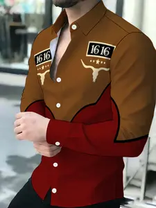 Men's Long Sleeve Shirt with Novelty Pattern, Casual Graphic Print Shirt