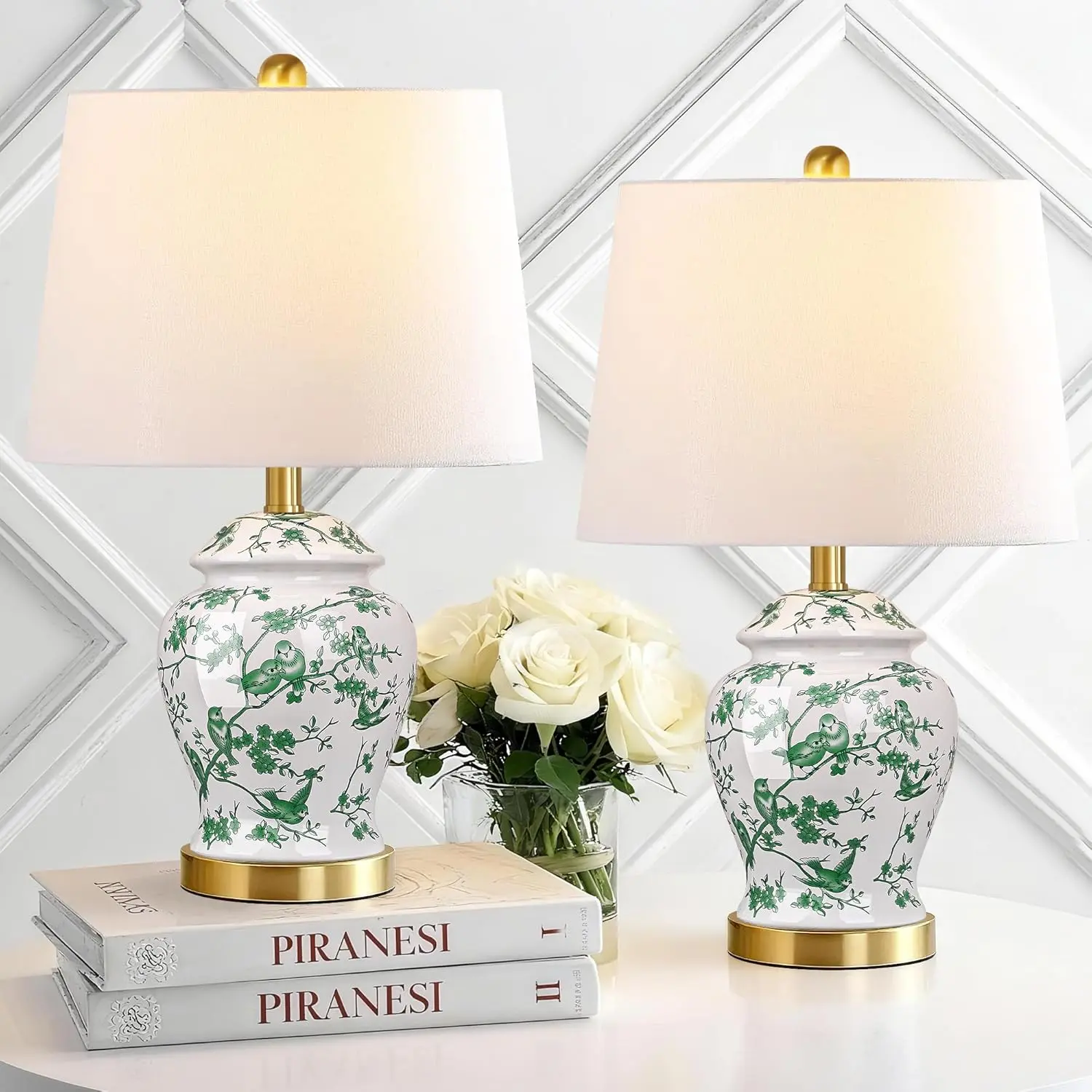 Chinoiserie Ceramic Table Lamps Set of 2 for Living Room, Vintage Traditional Bedside Lamps for Nightstands, 22" Large Green and White Table Lamp for Bedroom Cottage, Gold(LED Bulbs Included)