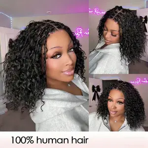 【100%Human Hair】LWIGS Boho Braids Deep Curly Glueless 5x5 Closure Pre-Cut Lace Short Curly Human Hair Braided Wig Natural Black Bohemian Style , cannot be dyed，#SpringStatements
