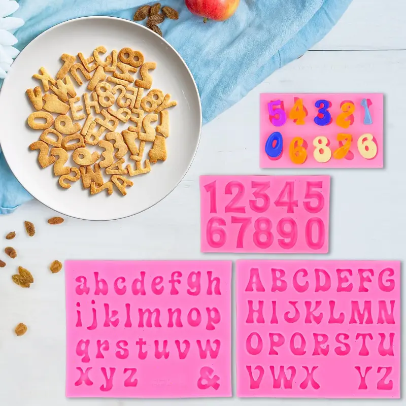 4 Packs Silicone Uppercase 26 Letters and 0-9 Numbers Fondant Mold for Making Candy, Gummy, Biscuit, Ice Cube Tray, Cake Decorations