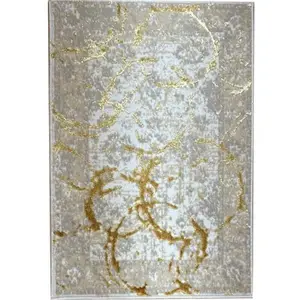 Area Rug in Beige and Gray with Gold Circles Abstract Design
