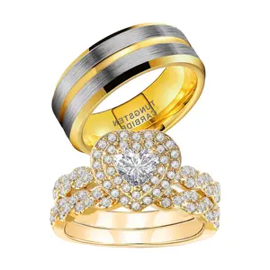 VOWSERING 1CT CZ Wedding Ring Set for Women & Men Yellow Gold Plated Tungsten Steel & 5A Grade Cubic Zirconia Bridal Couple Rings Hypoallergenic & Tarnish Resistant Gift-Ready Ring Box