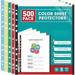 Sheet Protectors,  500 Pack Color Heavy Duty Plastic Page Protectors Sheet Reinforced 11-Hole Fit for 3 Ring Binder Fits Standard 8.5 x 11 Paper, 9.25 x 11.25 Top Loaded, Excluding Acid