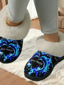 Custom Blue Light Dolphin Printed Cotton Slippers, Fuzzy Lined Anti-Slip Thick Rubber Sole, Home Warm Shoes for Men and Women Fall Winter