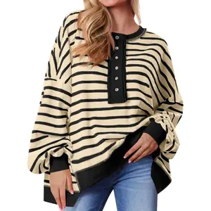 Womens Oversized Striped Sweatshirts Henley Shirts Color Block Casual Pullover Waffle Knit Tops