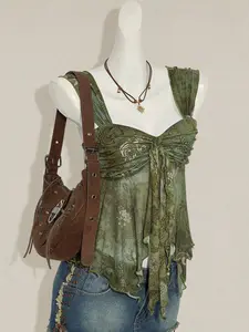 JADEE Vintage Print Asymmetrical Hem Mesh Trim Women Tank Top