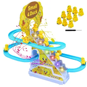 Electric Duck Roller Coaster Track Set, Automatic Duck Climbing Stairs Slide Toy With Flashing LED Lights, Adjustable Music & On/Off Button, Toddler Interactive Sensory Play Gift