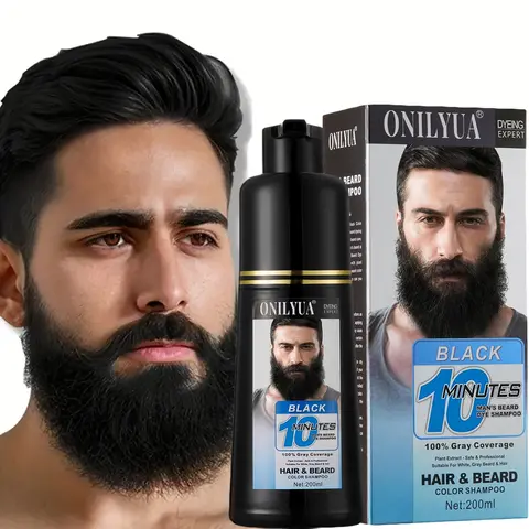 Men’s 3-in-1 Beard & Hair Dye Shampoo - Black, 10-Minute Instant Color, Long-Lasting Gray Coverage, Gentle Non-Toxic Conditioning Formula, Hair Care, Color Protection, Long-Lasting Shine, 6.8 fl oz