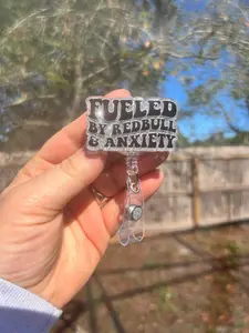 fueled by redbull and anxiety glitter badge reel or locker magnet. Nurse badge-teacher/student ID-medical badge ID-doctor-RN-X-ray tech