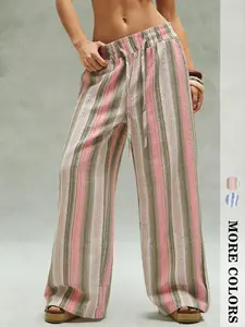 Women's Boho Style Elastic Waist Striped Long Pants, Boho Fashion Trousers, Straight Leg Design for Comfort and Fashion, Ideal for Daily Wear