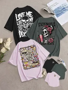 Women's Skull Print Round Neck Top, Fruit Pattern Short Sleeve Fitted T-Shirt, Summer, Daily & Everyday Wear, Fashion Streetwear Womenswear Clothing, 3 Pieces Pack