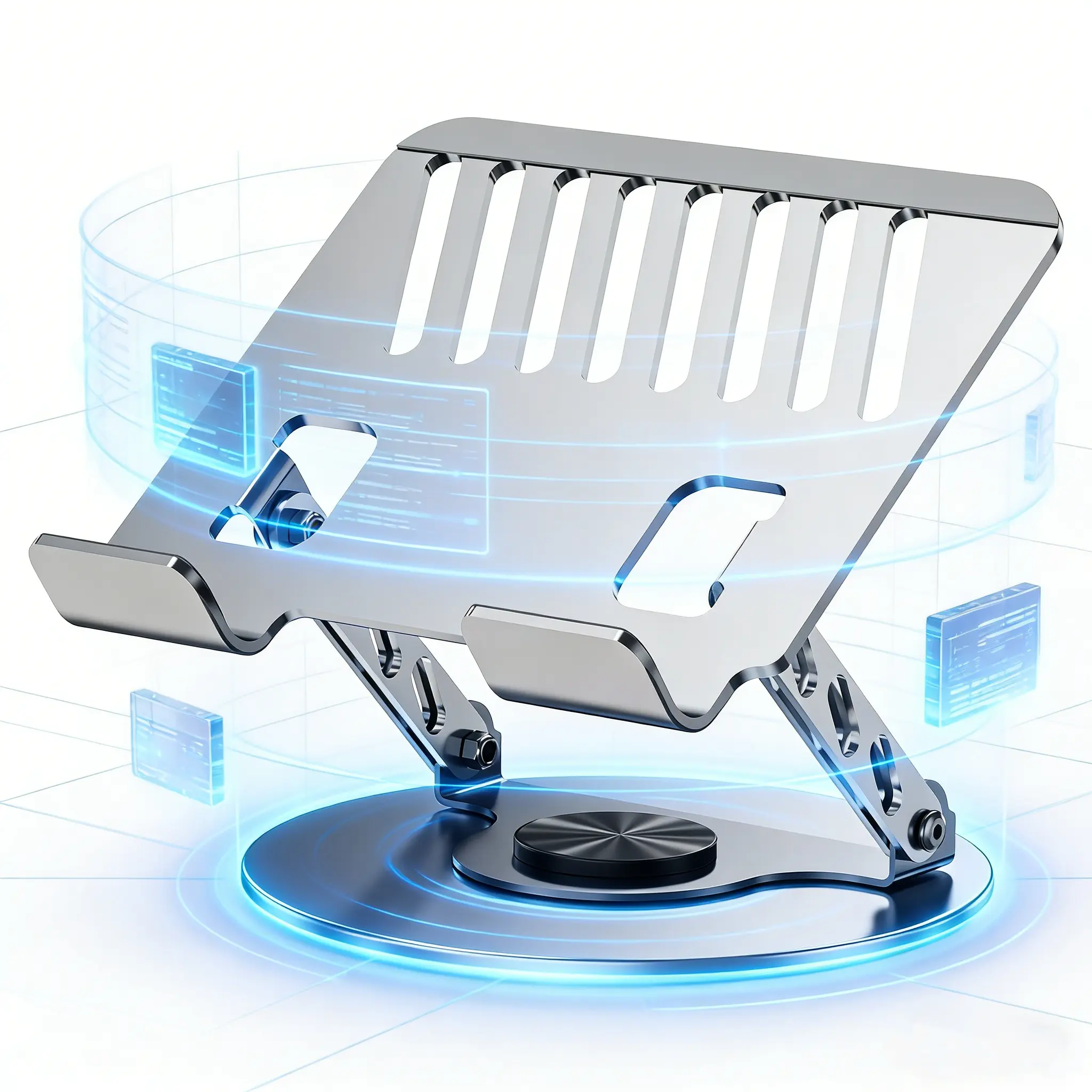 Silver Adjustable Rotating Multifunctional Laptop Stand - Folding, Compact Desk Riser with Ventilated Platform, Dual Support Arms, Front Retaining Ledges, Multi-Angle Design, Elevates View for Office, Gaming