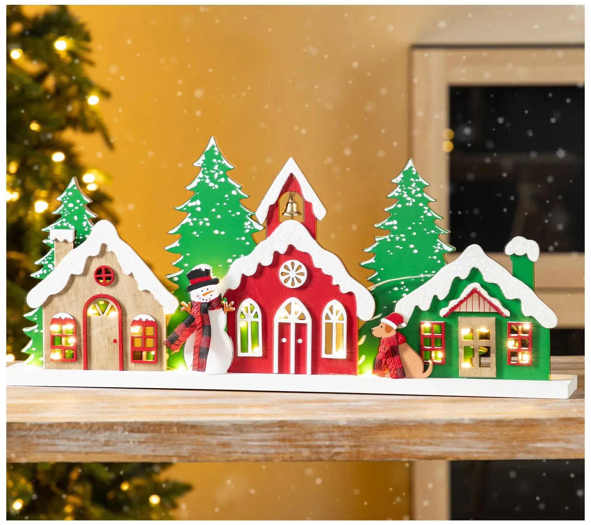 Glitzhome 20"L Lighted Wooden Christmas Villages Table Decor