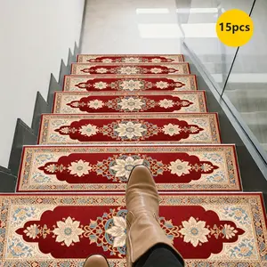 Vintage Oriental Floral Stair Treads Non-Slip Carpet Mats, 8"x30" Washable Red Traditional Style Stair Rugs for Wooden Steps, Anti-Skid Stair Protectors for Kids Elders Pets, 15 Pack