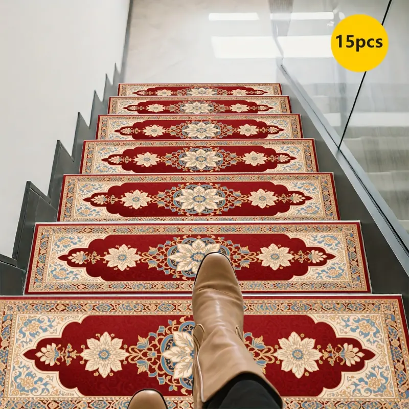 Joyfinity 15pcs Polyester Rubber Classic Floral Indoor Non Slip Rugs - Reddish-Brown Background with Delicate Pattern, Comfortable, Aesthetic, Easy to Clean, Machine Washable, Soft