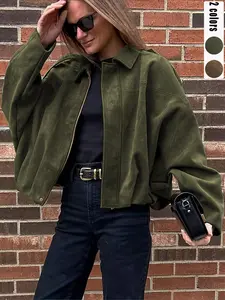 Women's suede leather jacket, coffee-colored faux leather flight jacket, bomber jacket, oversized Batwing bat-sleeve coat, casual sporty style, Y2K retro style, Douyin bestseller, Pockets, Outerwear