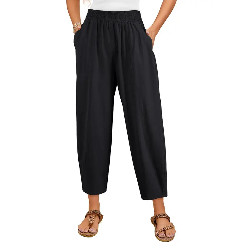 Dokotoo Womens Cotton Baggy Wide Leg Pants Casual Elastic Waisted Loose Lounge Harem Pants with Pockets