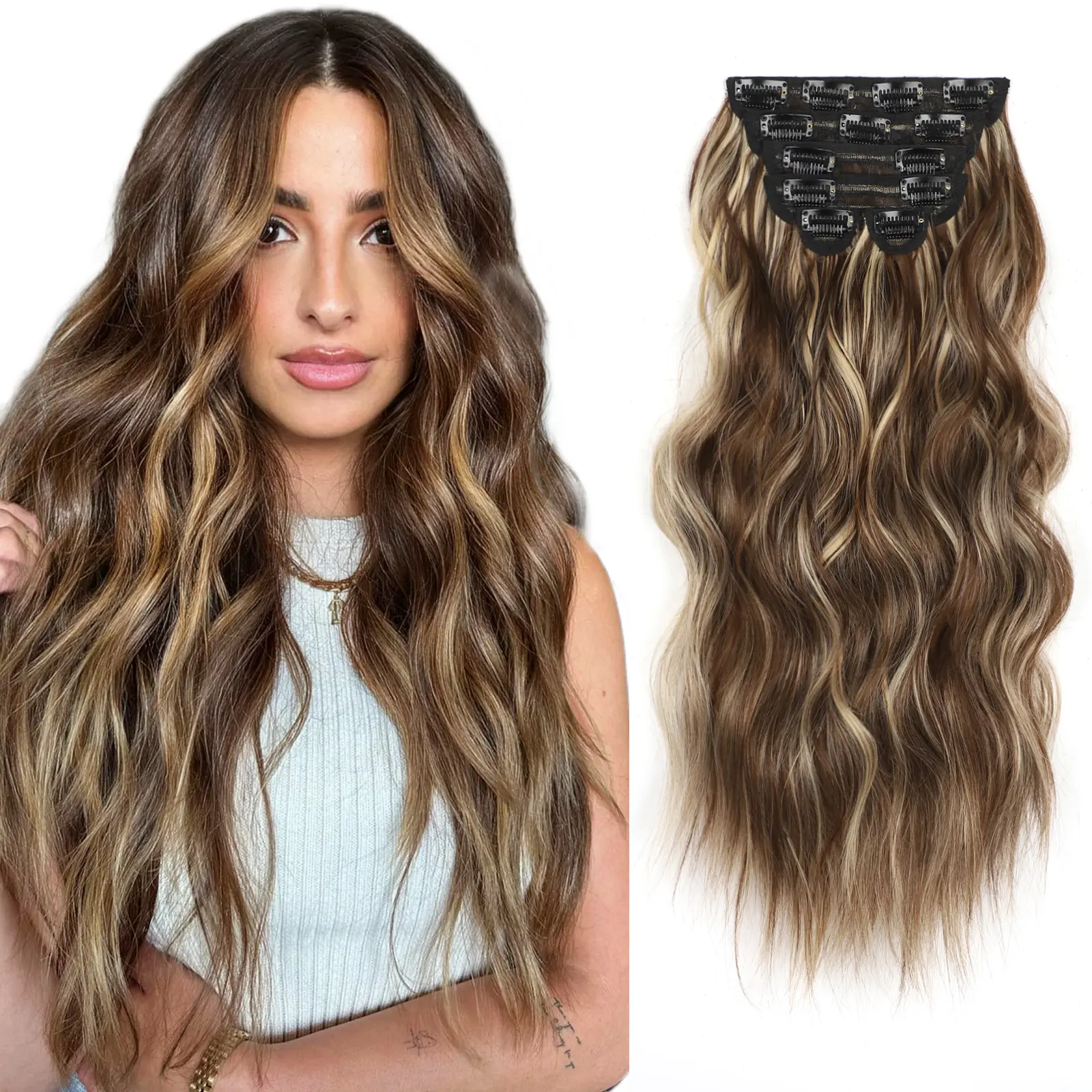 Vigorous Clip in Hair Extensions, 20 Inch Long Wavy Synthetic Hairpiece for Women, Lightweight 6-Piece Set for Daily Use, Lightweight Hairpiece, Toppers, Extensions Hair, Long Wavy Hair