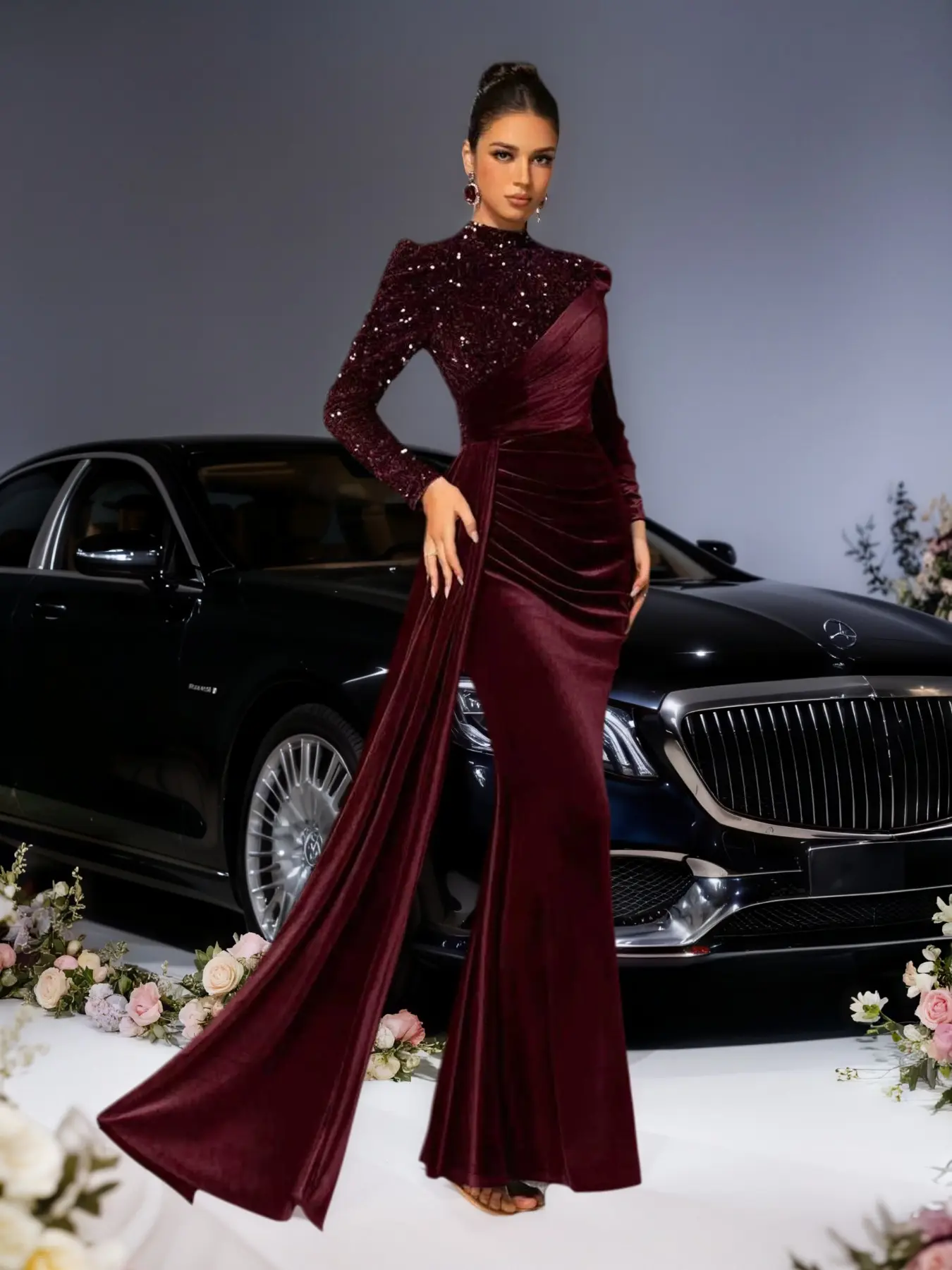 Elegant Velvet Mermaid Tail Long Dress, Sparkling Embroidered Party Gown, Luxurious Evening Wear for Weddings and Cannes Parties