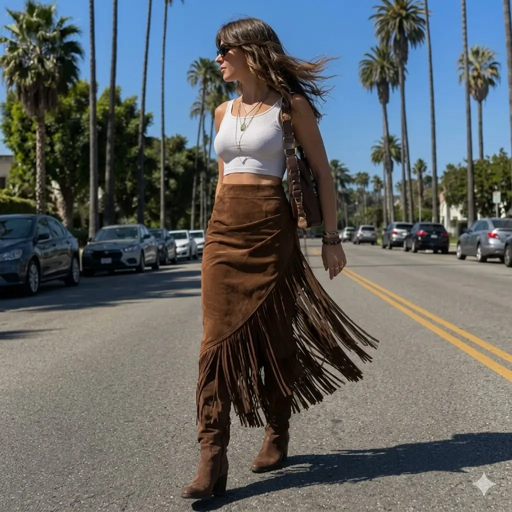 Women's Vintage Suede Fringe Skirt Asymmetrical Boho Midi Skirt