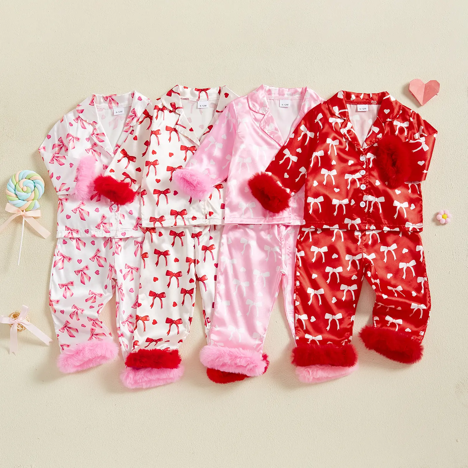 Girls' Polyester Satin Pajama Set, Baby & Toddler 2-Piece Heart & Bow Print Long Sleeve Button-Down Valentine's Day Sleepwear, Baby Clothing, Two Piece Set