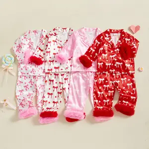 6M 1-7Y Toddler Baby Girl Valentine Pajamas Sets Bow Print Plush Laple Long Sleeve Tops with Pants