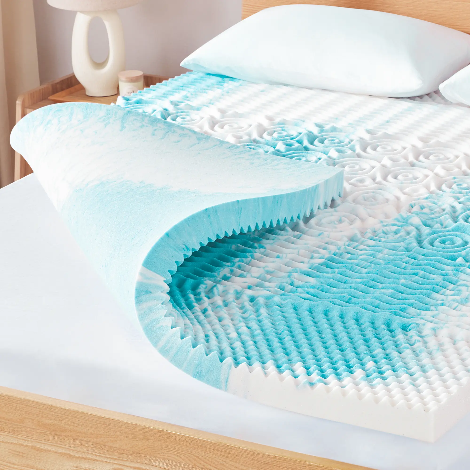 BDEUS 5-Zone Gel Swirl Memory Foam Mattress Topper - Cooling, Solid Polyurethane Foam, High-Density, Resilient, Pressure-Relieving, Soft, Breathable, Neck Support, CertiPUR-US Certified, Bed Upgrade for Camper, RV, Sleeper Sofa