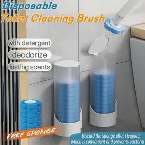 Toilet brush disposable toilet cleaning brush set, cleaning system, stain remover, with long handle, wall-mounted liquid refill tablets, powerful blue flushing cleaning, 2-in-1 360° rotating drain gel powder, tile bathroom cleaning tool set.