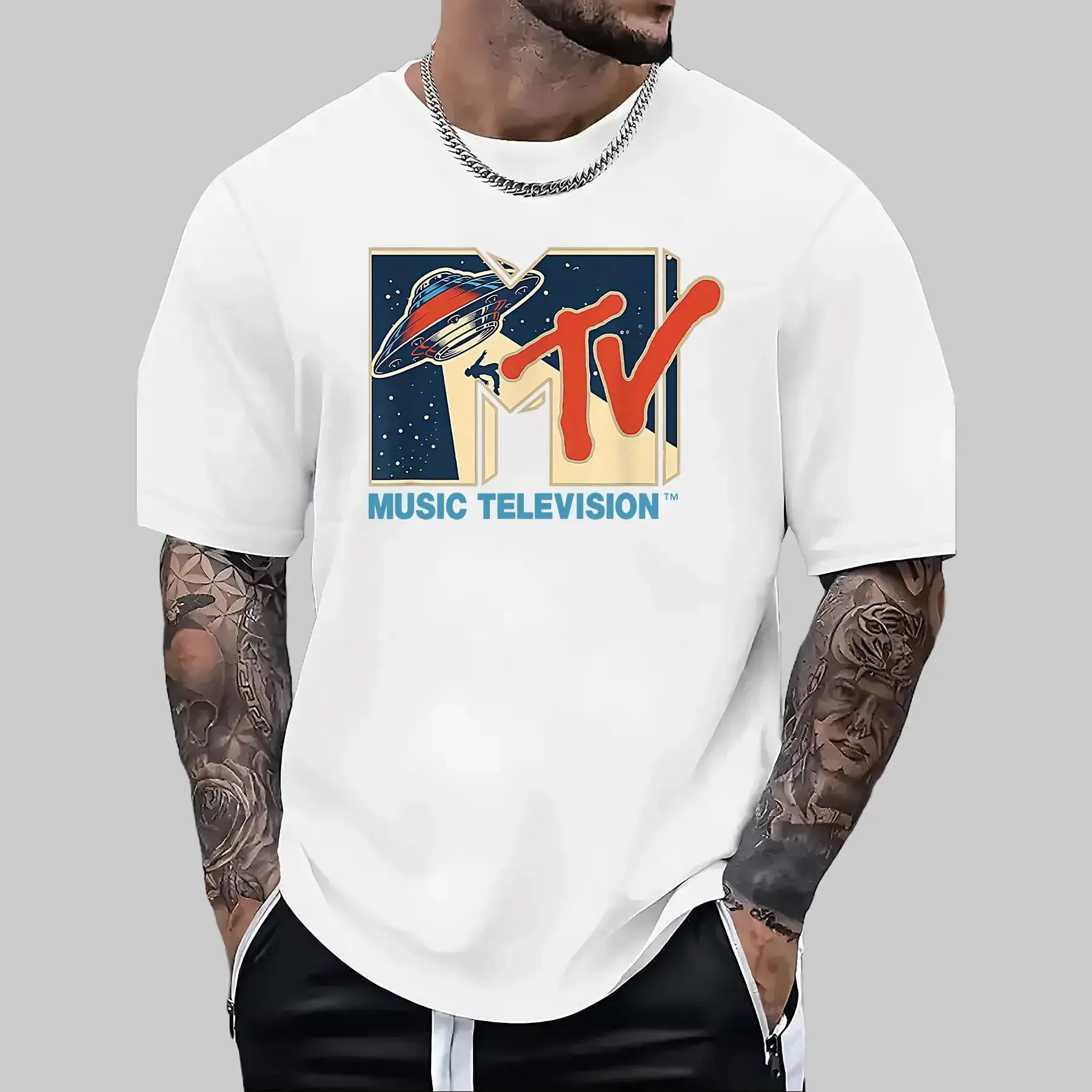 Men's Retro MTV Logo Graphic Print Short-Sleeve Round Neck T-Shirt - Menswear Vintage Sporty Sports Tops, Light Gray with Red & Blue Summer Music Television Branded Streetwear